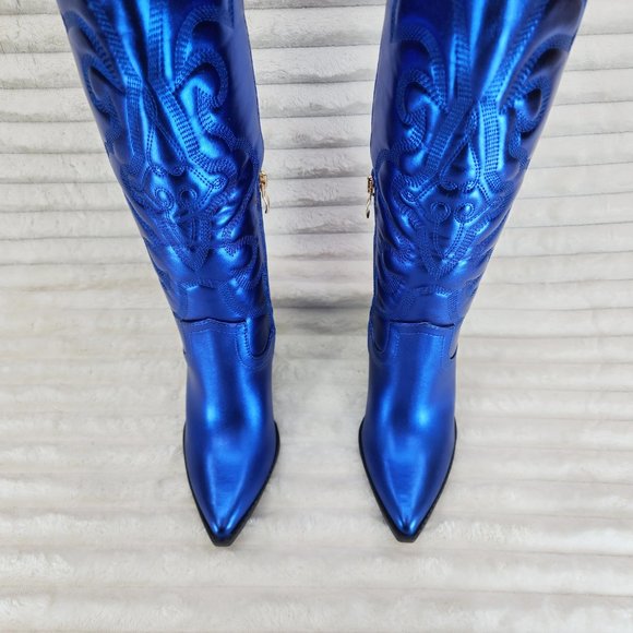 Metallic Western Knee High Cowgirl Cowboy Boots - Royal Blue Cobalt Blue - Picture 11 of 16